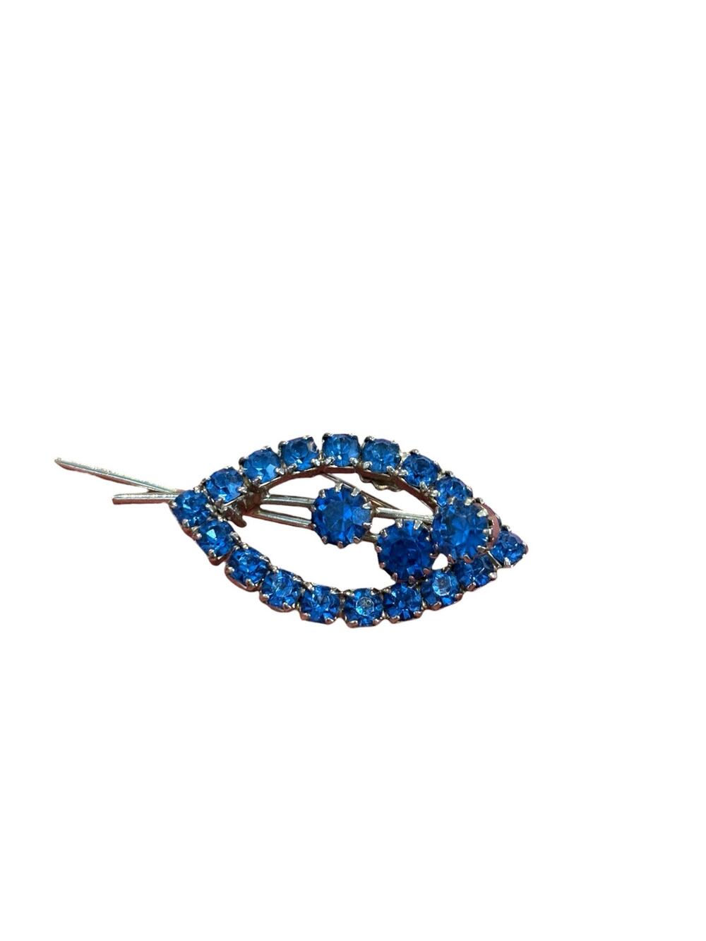 Vintage Blue Rhinestone Leaf Brooch Silver Tone Navette Round Stones 1950s